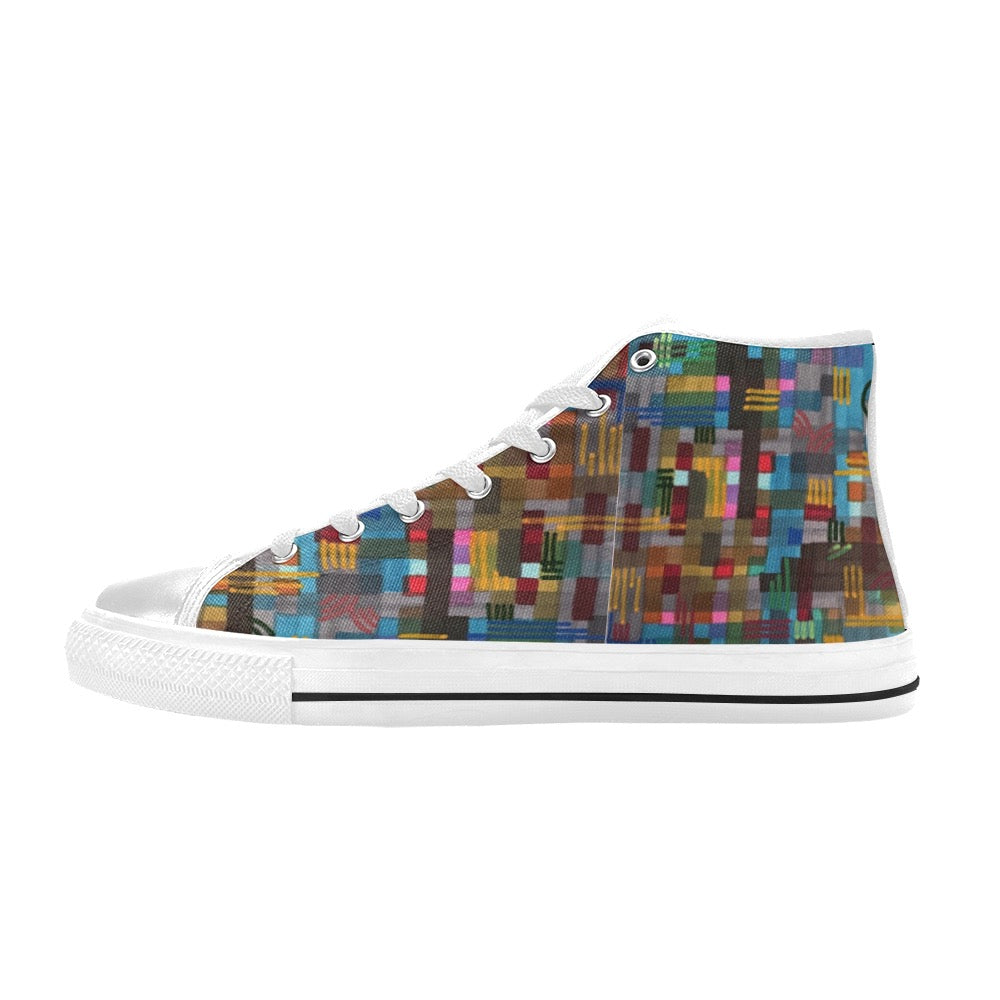 Kids high top canvas shoes with colorful checkered design and white rubber sole, lace-up closure, and ankle support.