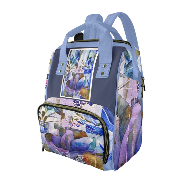 Blue Pears multifunction diaper backpack with floral abstract design, lightweight nylon, spacious compartments, and padded adjustable straps for parents.