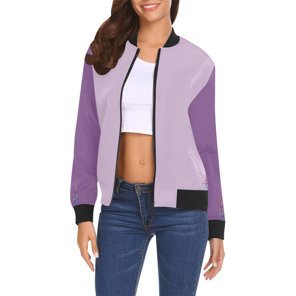 Women's color block lilac and burgundy bomber jacket with black ribbed collar, cuffs, and hem, zip-up front, and casual fit
