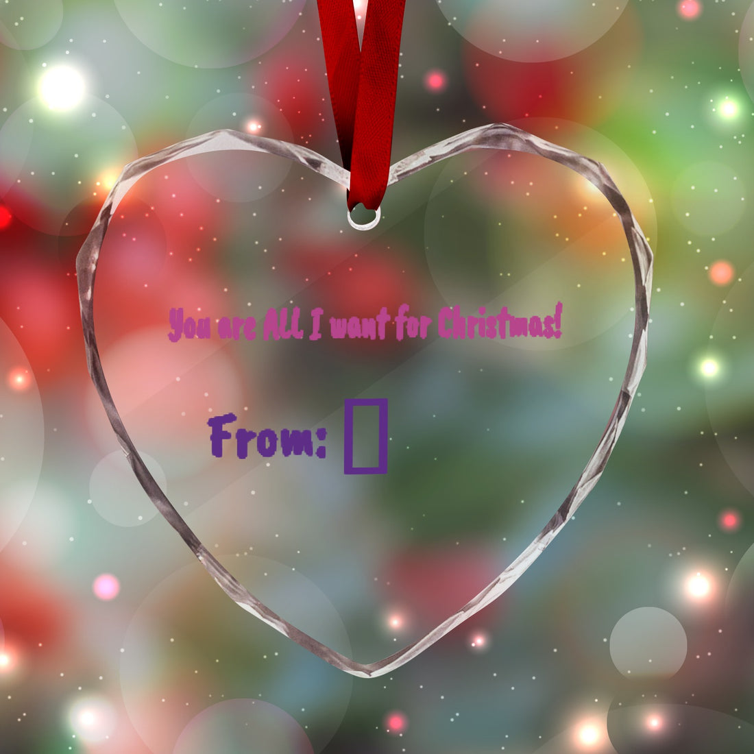 Customizable heart-shaped crystal glass ornament for Christmas, personalized with photo and holiday greeting.