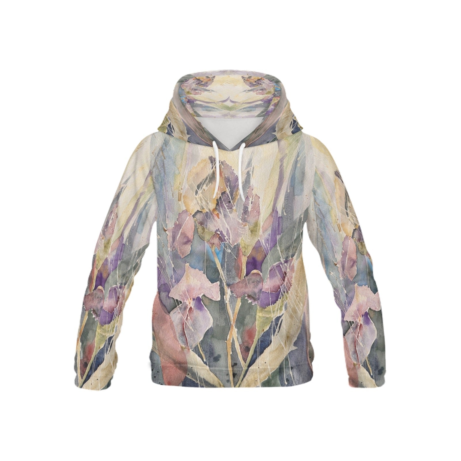Kids hoodie with Iris Field all-over floral print in soft pastel colors, featuring a classic cut, hood with drawstrings, and long sleeves.
