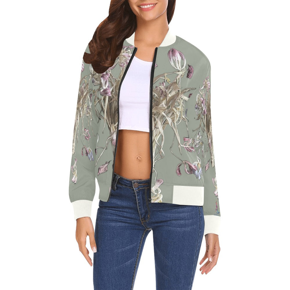 Women's Tulip Drama Watercress Bomber Jacket with artistic floral print and ribbed cuffs and collar