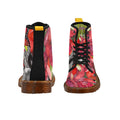 Amarillis Black Custom Canvas Boots for Women by LanaArt Sweden, featuring a breathable nylon canvas upper, floral combat design, and translucent rubber sole.