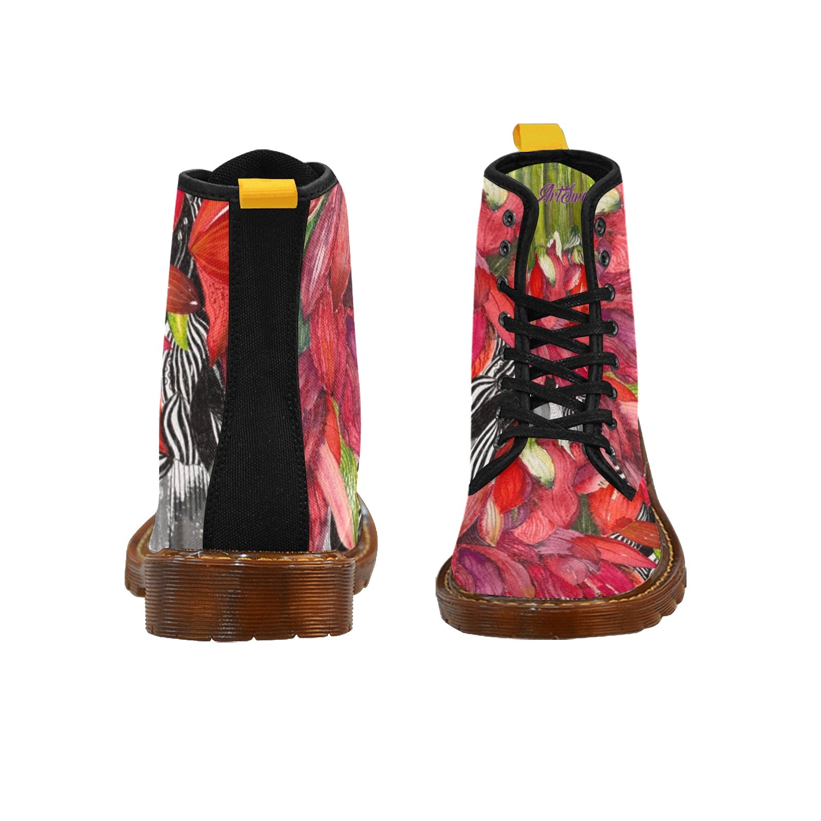 Amarillis Black Custom Canvas Boots for Women by LanaArt Sweden, featuring a breathable nylon canvas upper, floral combat design, and translucent rubber sole.