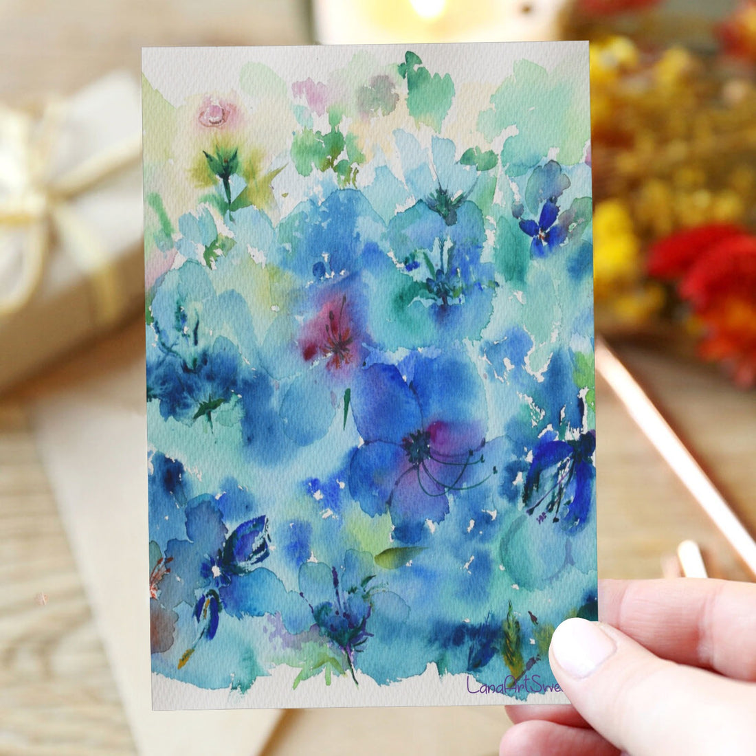 Blue Flowers Greeting Card 4x6 by LanaArtSweden, featuring original watercolor artwork, stylish envelope, and customizable holiday message options.