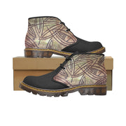 Men's Chukka Leaves Combo canvas mid-top boots with lace-up closure and translucent rubber sole on box