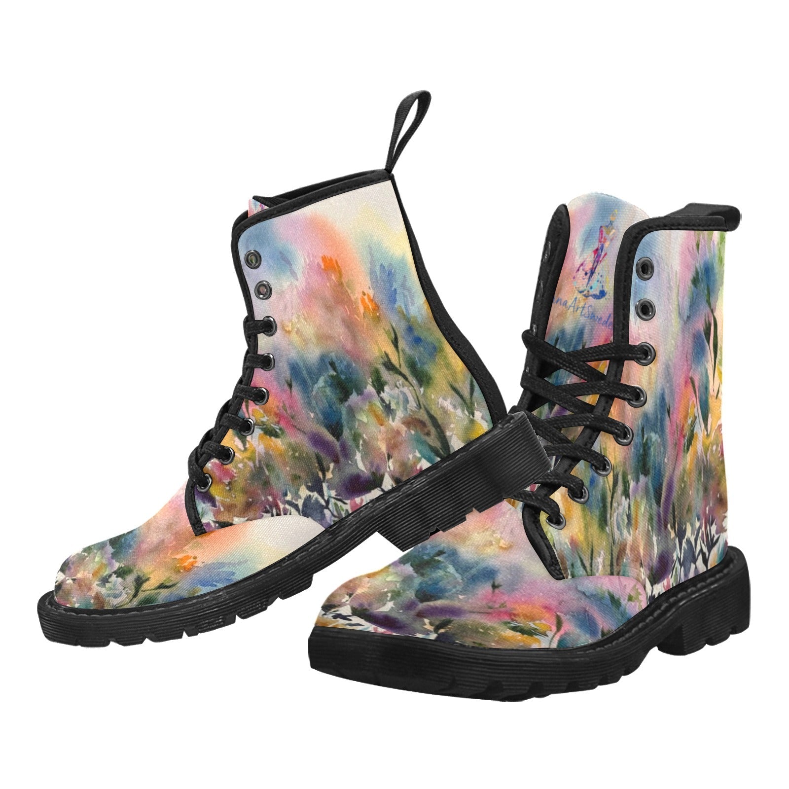 Colorful floral Morning Dew custom canvas boots for women with black rubber sole and lace-up design