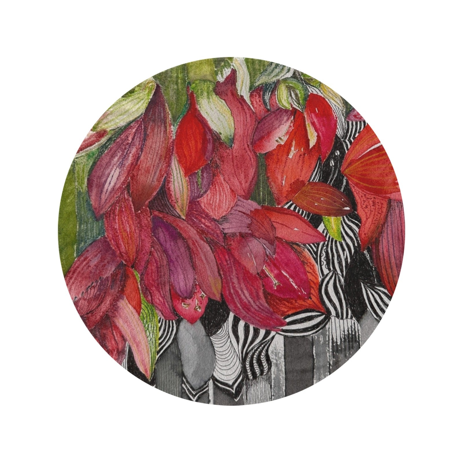 Round ultra-soft blanket with vibrant red and purple watercolor floral design by LanaArtSweden
