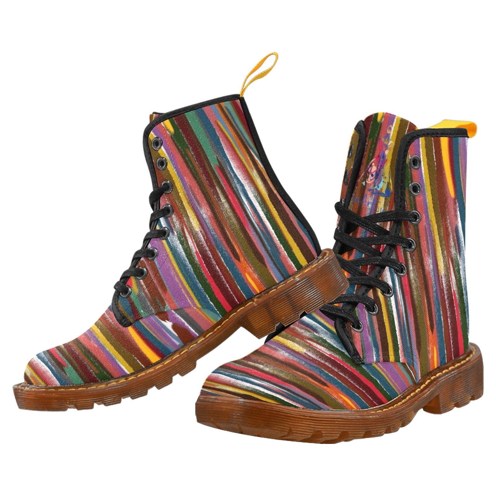 Colorful striped custom canvas combat boots with brown translucent rubber sole and black laces for women fall fashion.