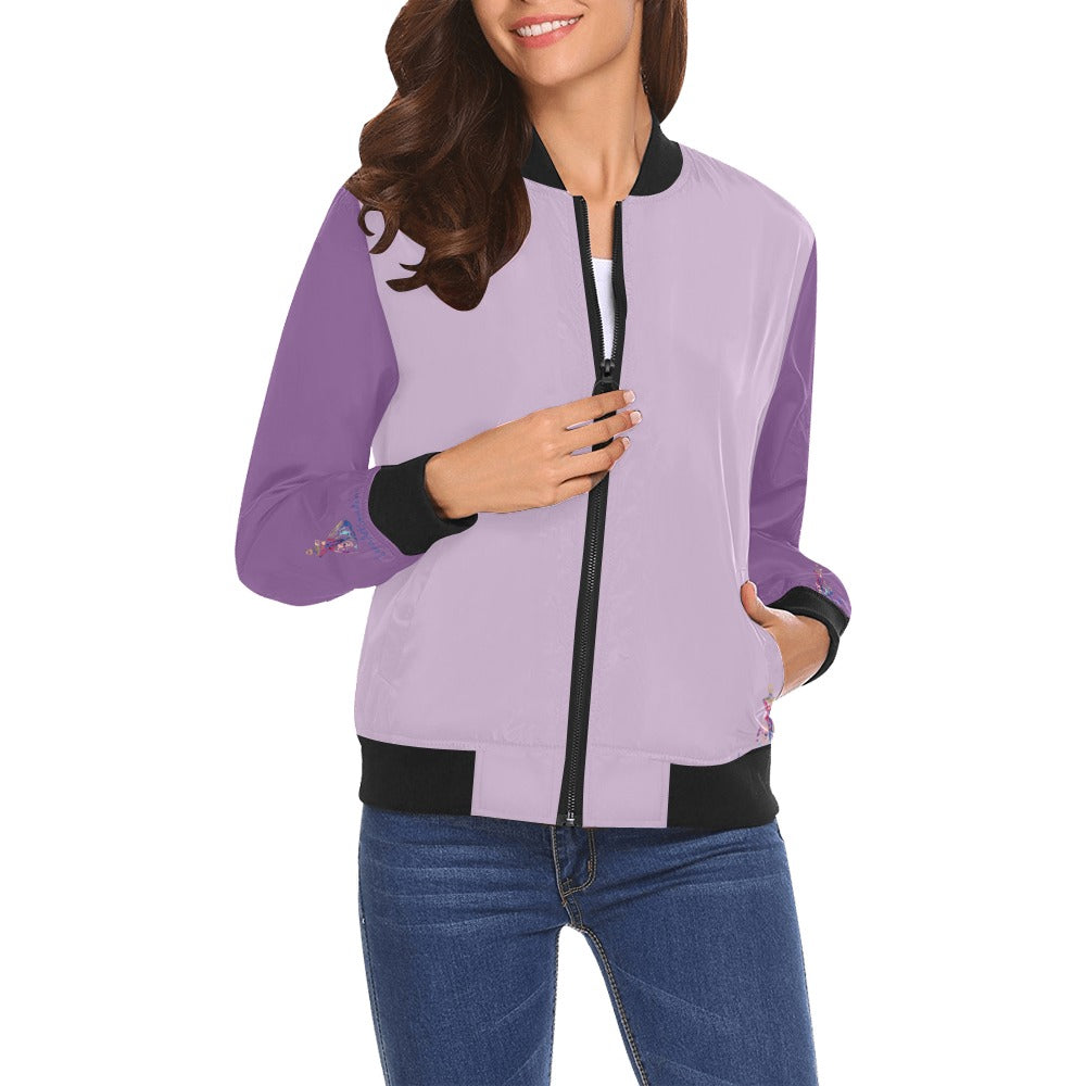 Color blocks Lilac Burgundy All Over Print Bomber Jacket for Women