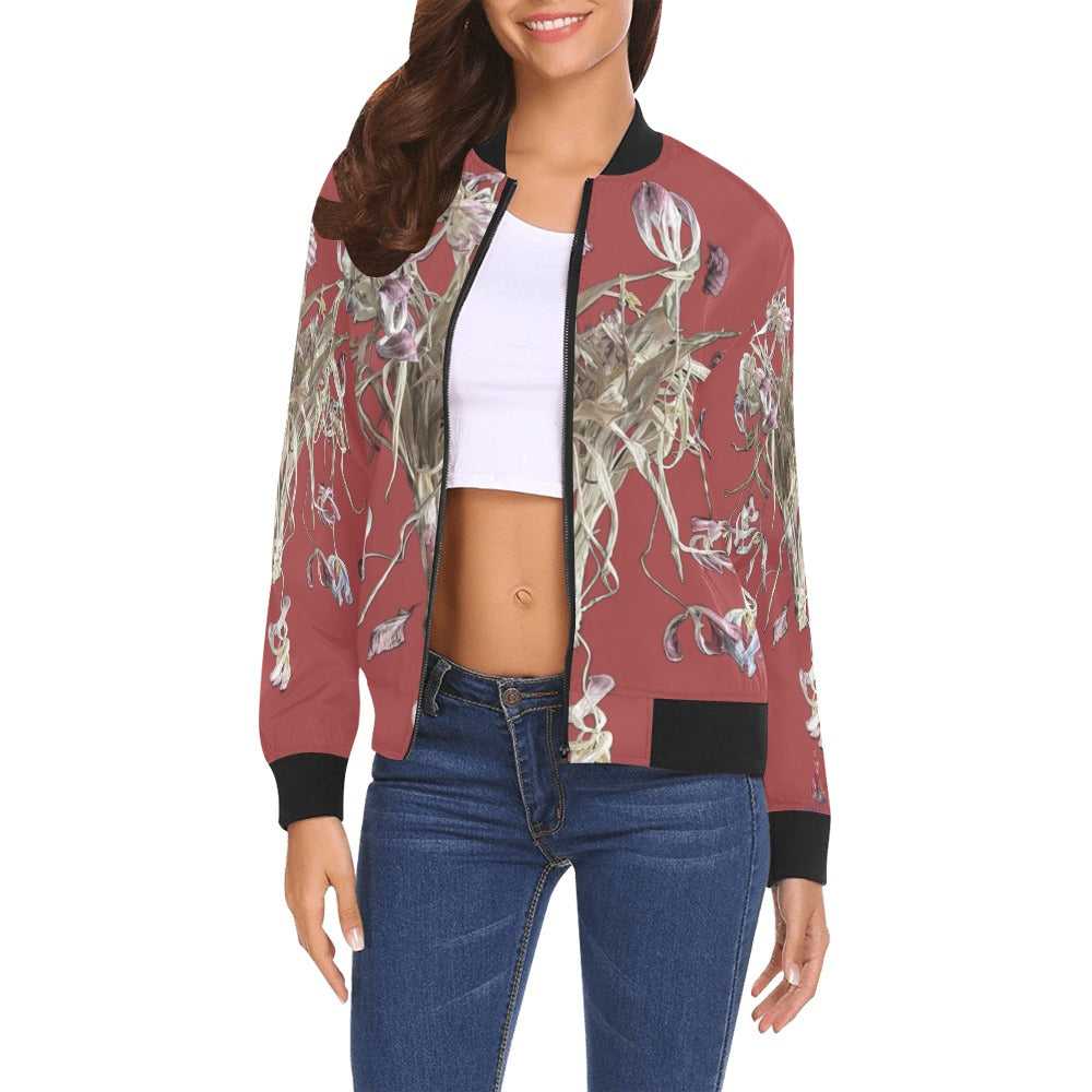 women's city bomber jacket with tulip and pumpkin floral art design in red with black cuffs and collar