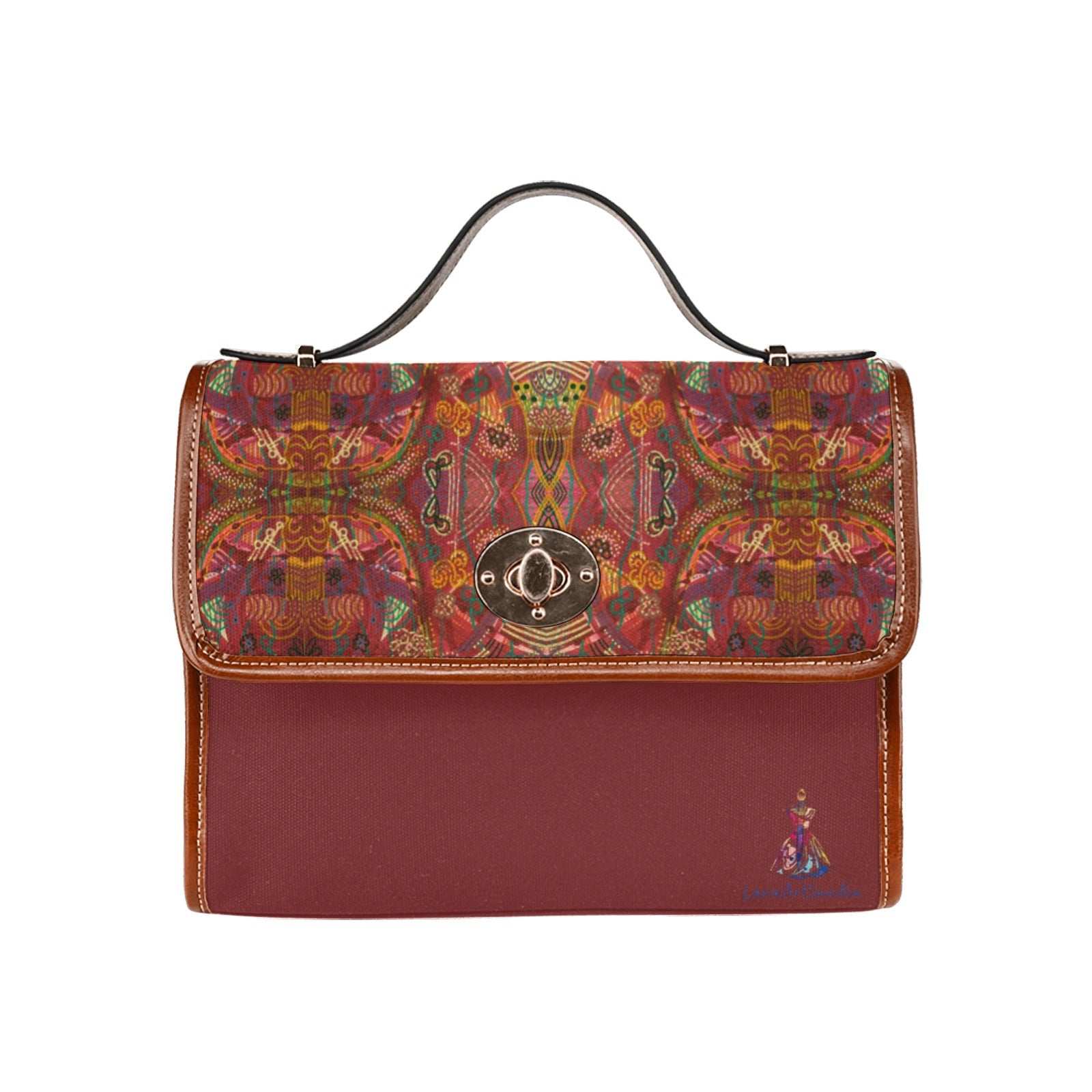 Purple swirls red waterproof canvas shoulder bag with adjustable brown straps and PU leather handles