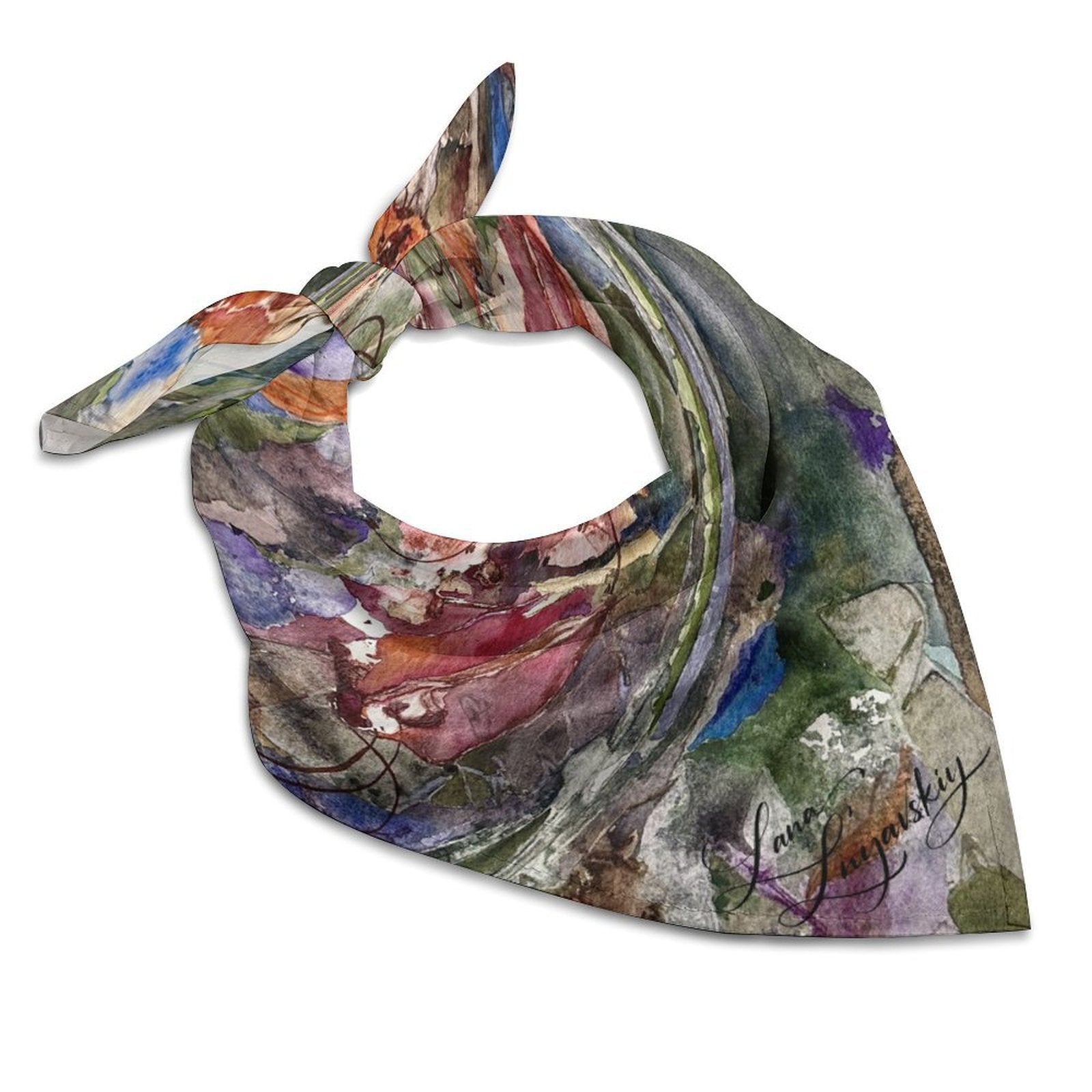 colorful abstract print scarf kerchief made of lightweight silky synthetic fabric with hand-tied knot for versatile styling