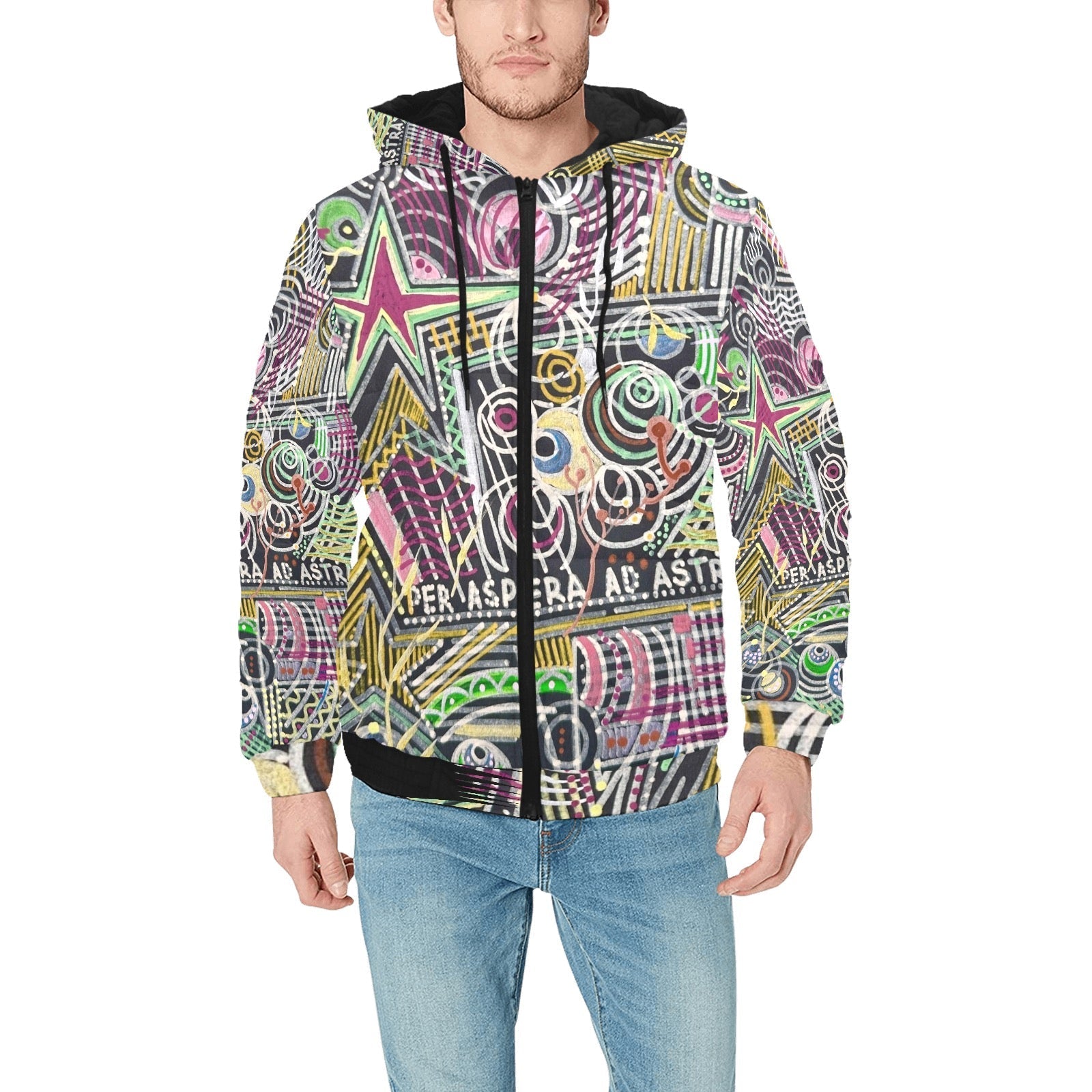 Colorful Per Aspera hooded jacket with quilted lining, zipper closure, and pouch pockets for men