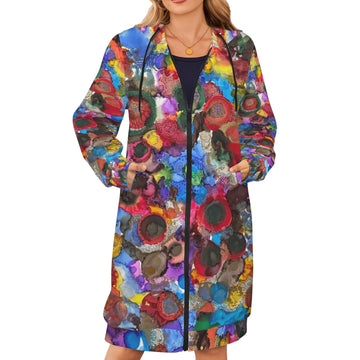 Cosmic Blooms Women's Long Hooded Coat