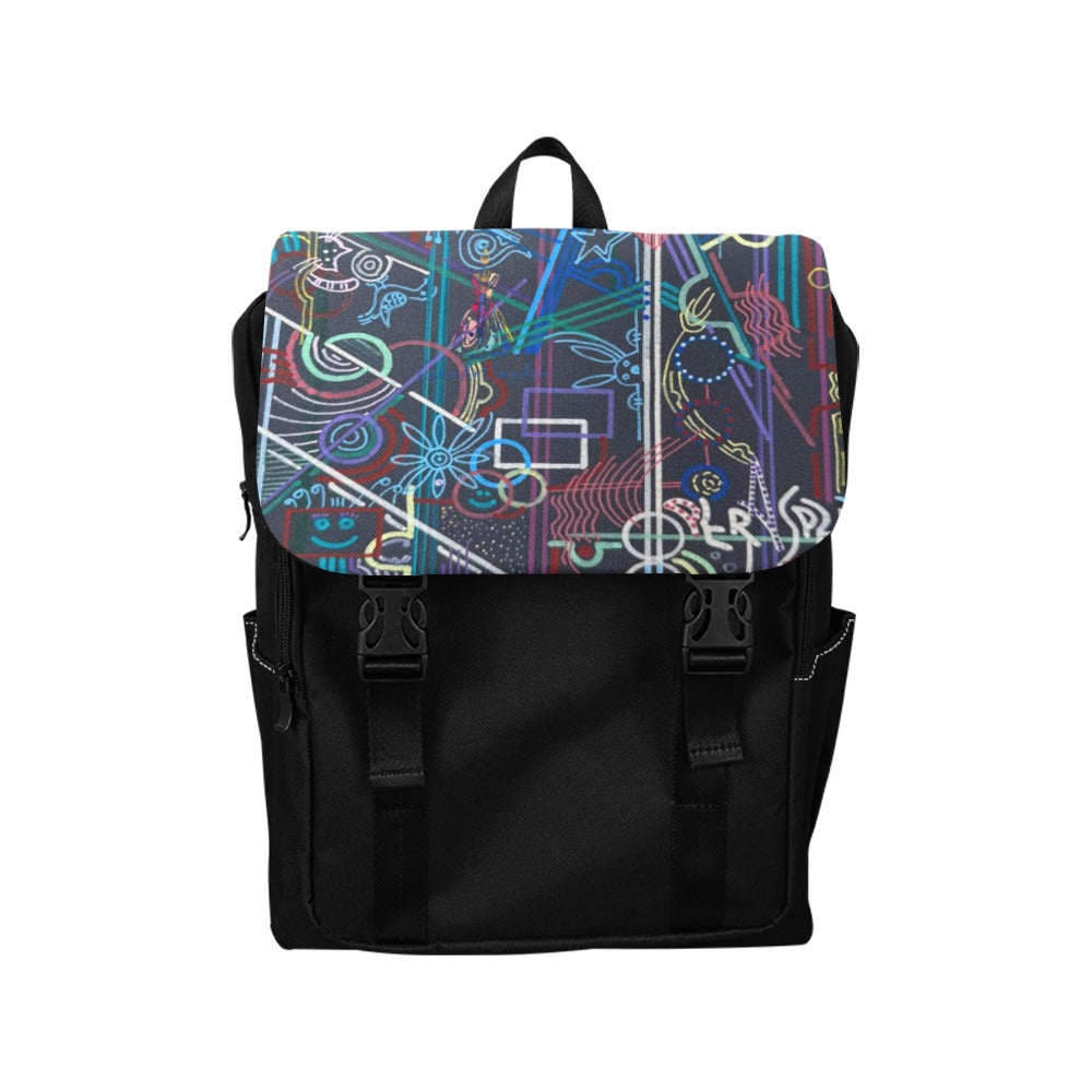 Per Aspera Animals Backpack with colorful abstract animal design flap and black oxford fabric body, compact and stylish casual backpack with multiple pockets and adjustable straps