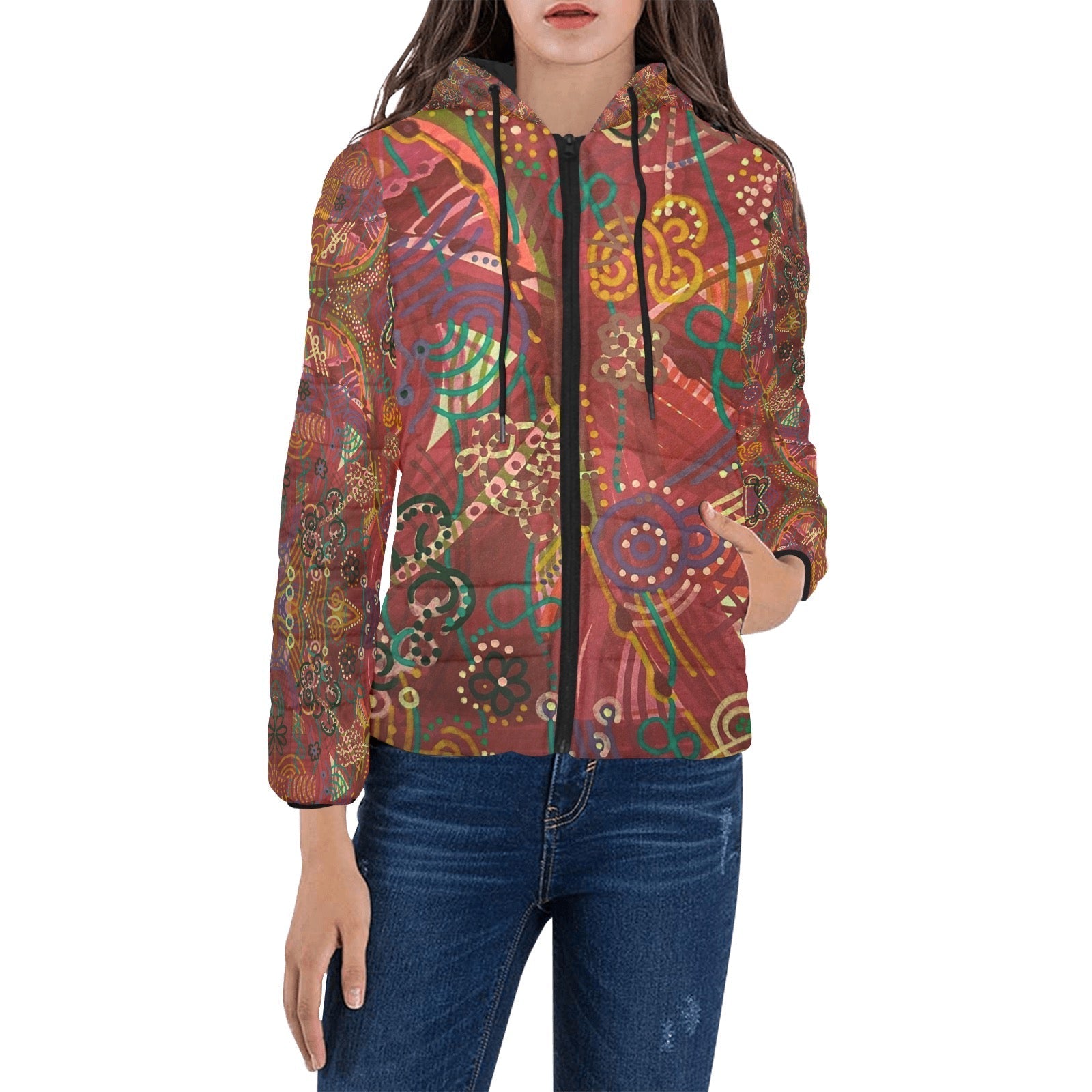 Women's padded hooded puffer jacket with colorful abstract swirls and red tones stylish outerwear