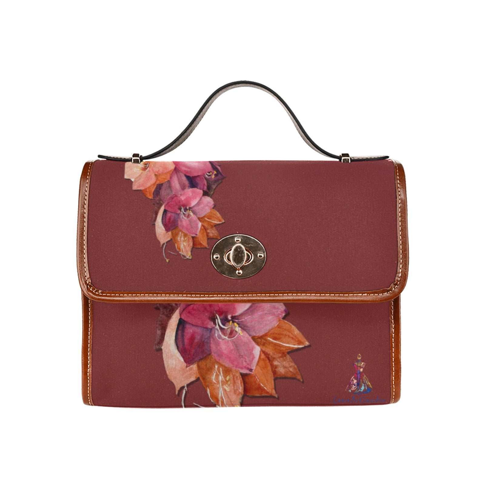 Amaryllis Color Blocks waterproof canvas shoulder bag with floral design and adjustable brown leather strap