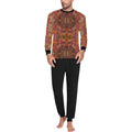 Men's Dark Swirls pajama set with long sleeve top and relaxed fit trousers, featuring ribbed cotton collar and cuffs.