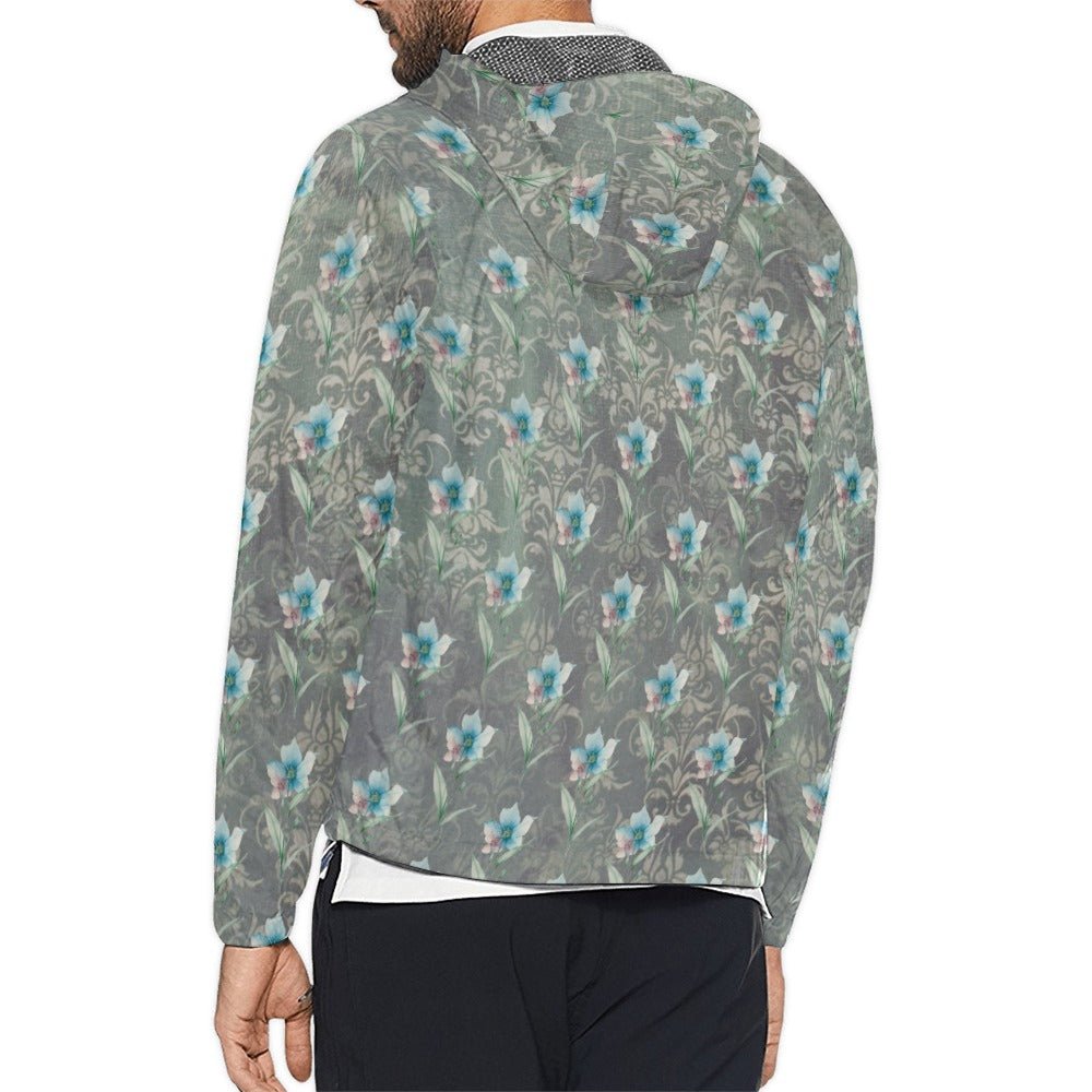 Blue Flower Damaskus Green Unisex All Over Print Windbreaker (Model H23) - Lana Art Sweden