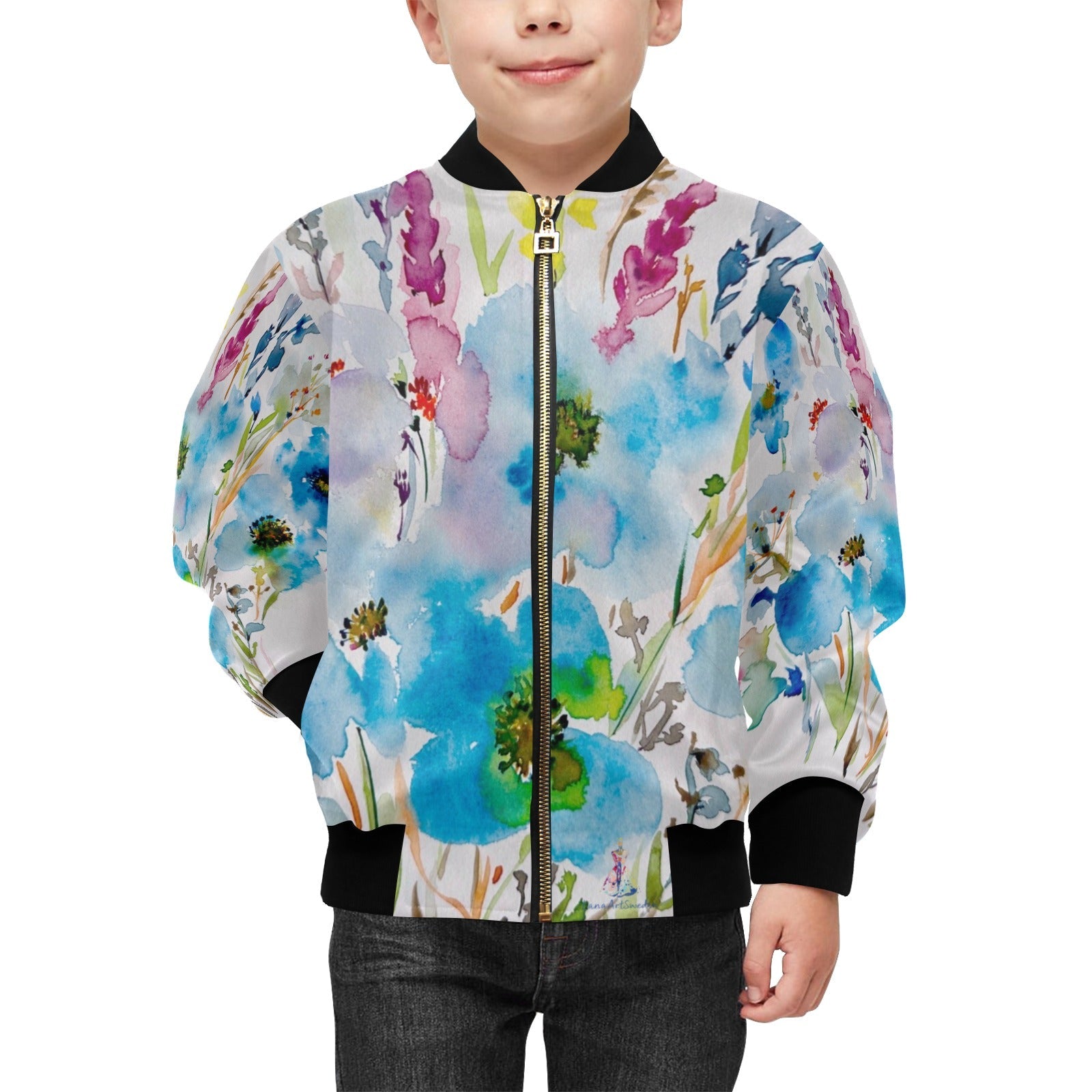 Blue Hibiscus 1 Kids' Bomber Jacket with Pockets (Model H40) - Lana Art Sweden