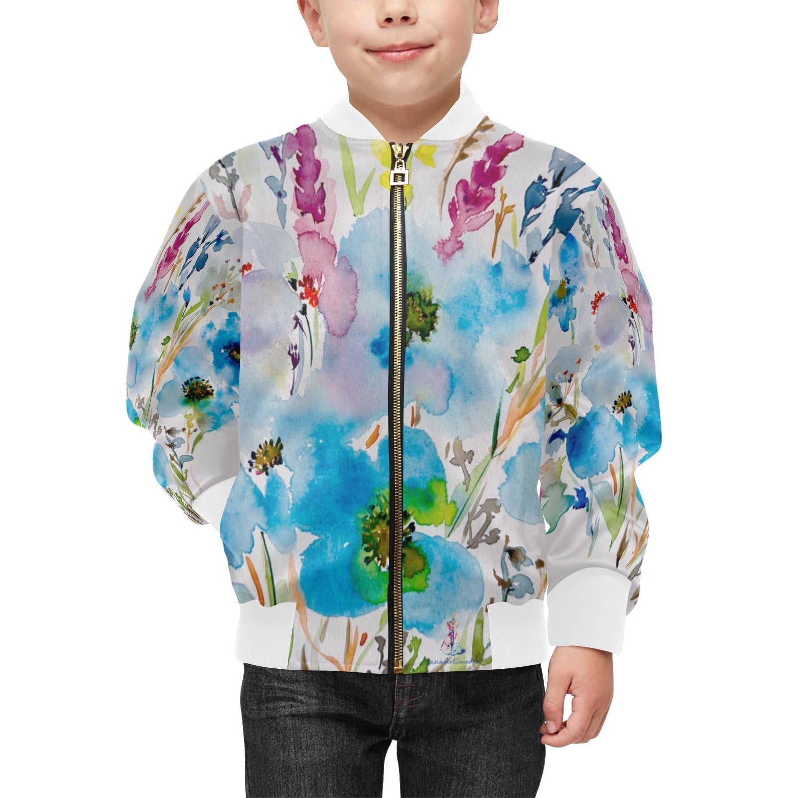 Blue Hibiscus White Collar Kids' Bomber Jacket with Pockets (Model H40) - Lana Art Sweden