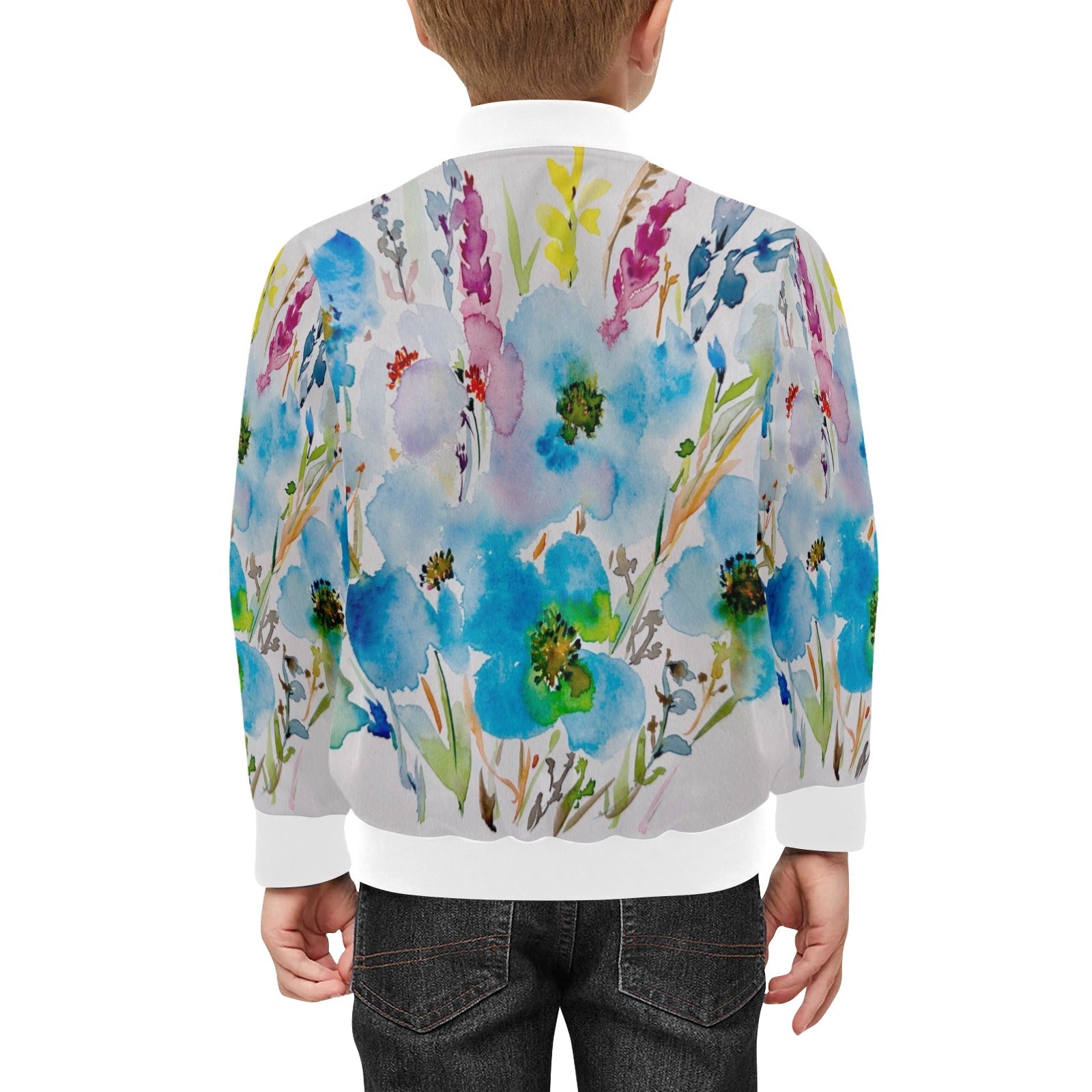 Blue Hibiscus White Collar Kids' Bomber Jacket with Pockets (Model H40) - Lana Art Sweden