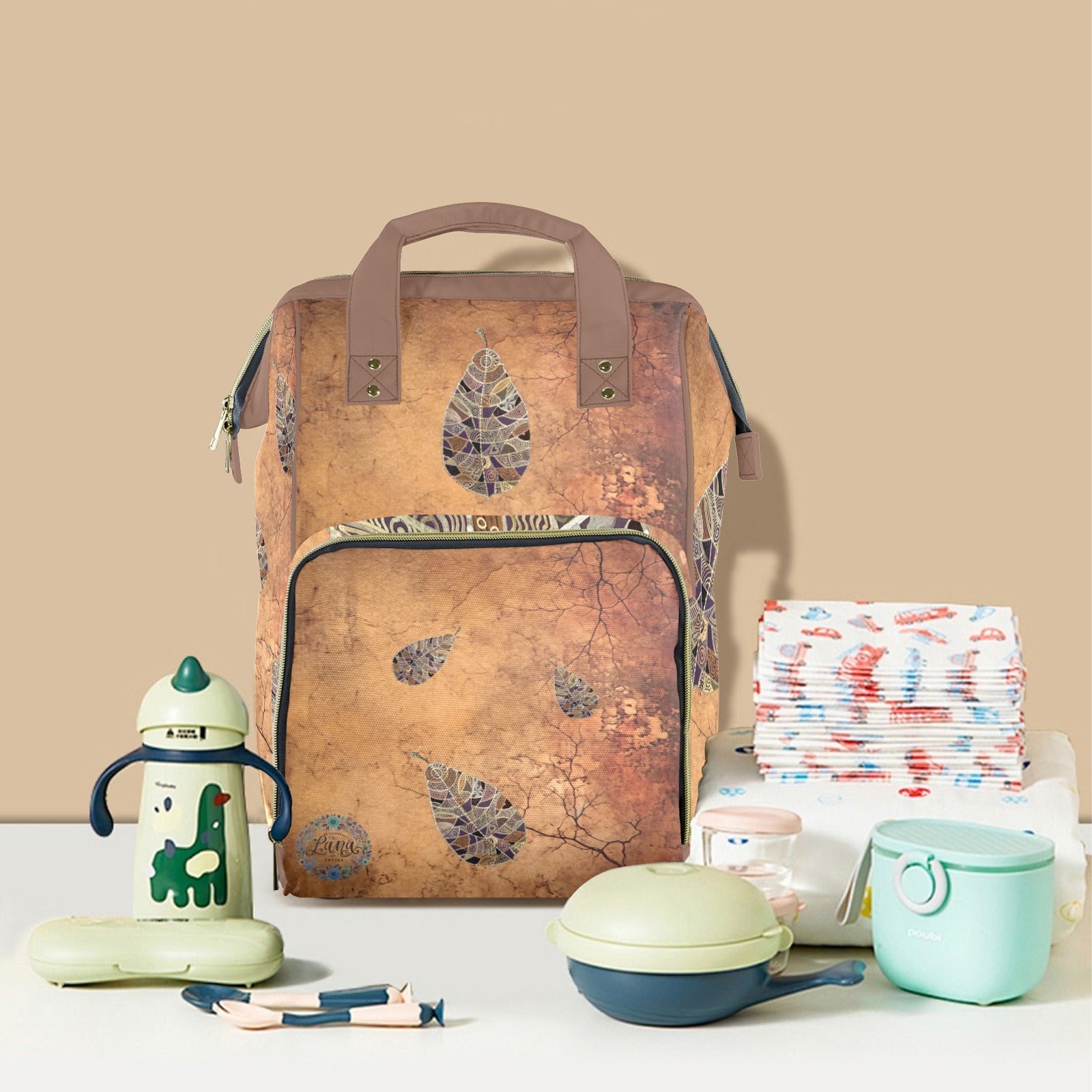 Brown Leaf Venetian Wall Multi - Function Travel Diaper Bag - Large - Lana Art Sweden