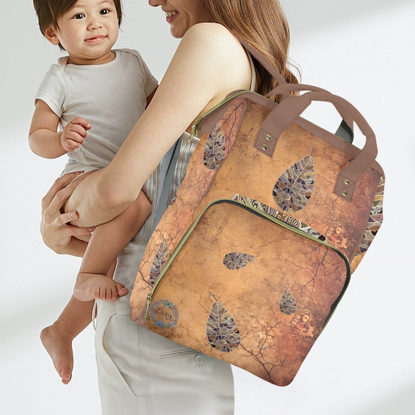Brown Leaf Venetian Wall Multi - Function Travel Diaper Bag - Large - Lana Art Sweden