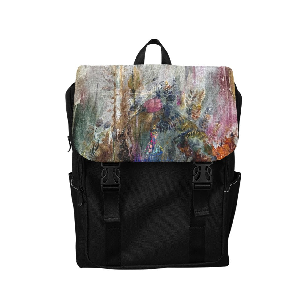 Mystic Tulips Casual Backpack with black body and colorful floral flap design, durable oxford fabric, adjustable straps, multiple pockets including laptop sleeve.