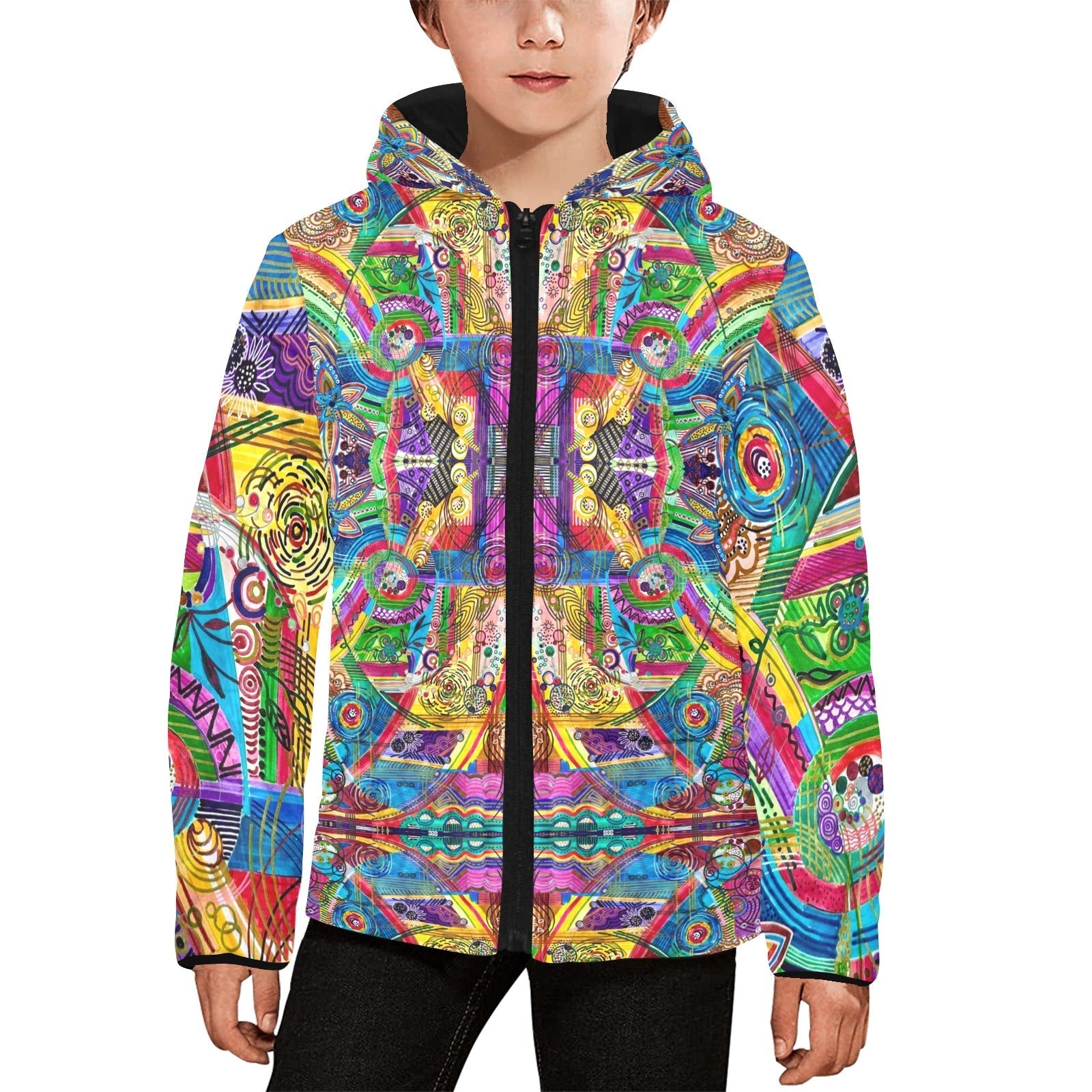 Child wearing colorful artistic kids puffer jacket with vibrant abstract patterns and hood.