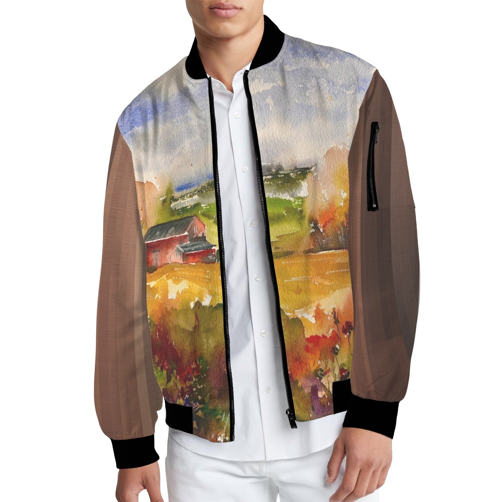 Men's city bomber jacket with countryside landscape print and brown sleeves, black ribbed collar and cuffs, zip front, and arm pocket.