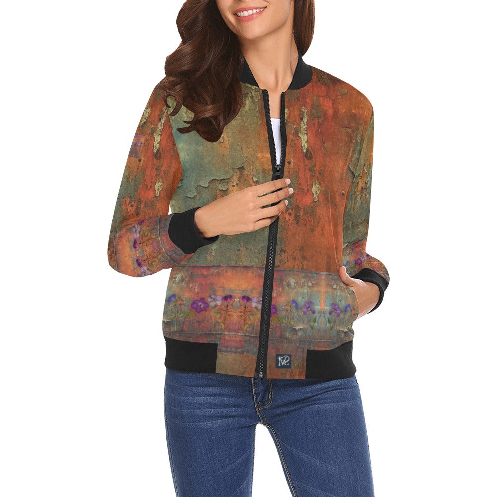 Women's Rusty Life Bomber Jacket with artistic rusty texture design, ribbed collar, cuffs, and hem, zip-up front, and pouch pockets