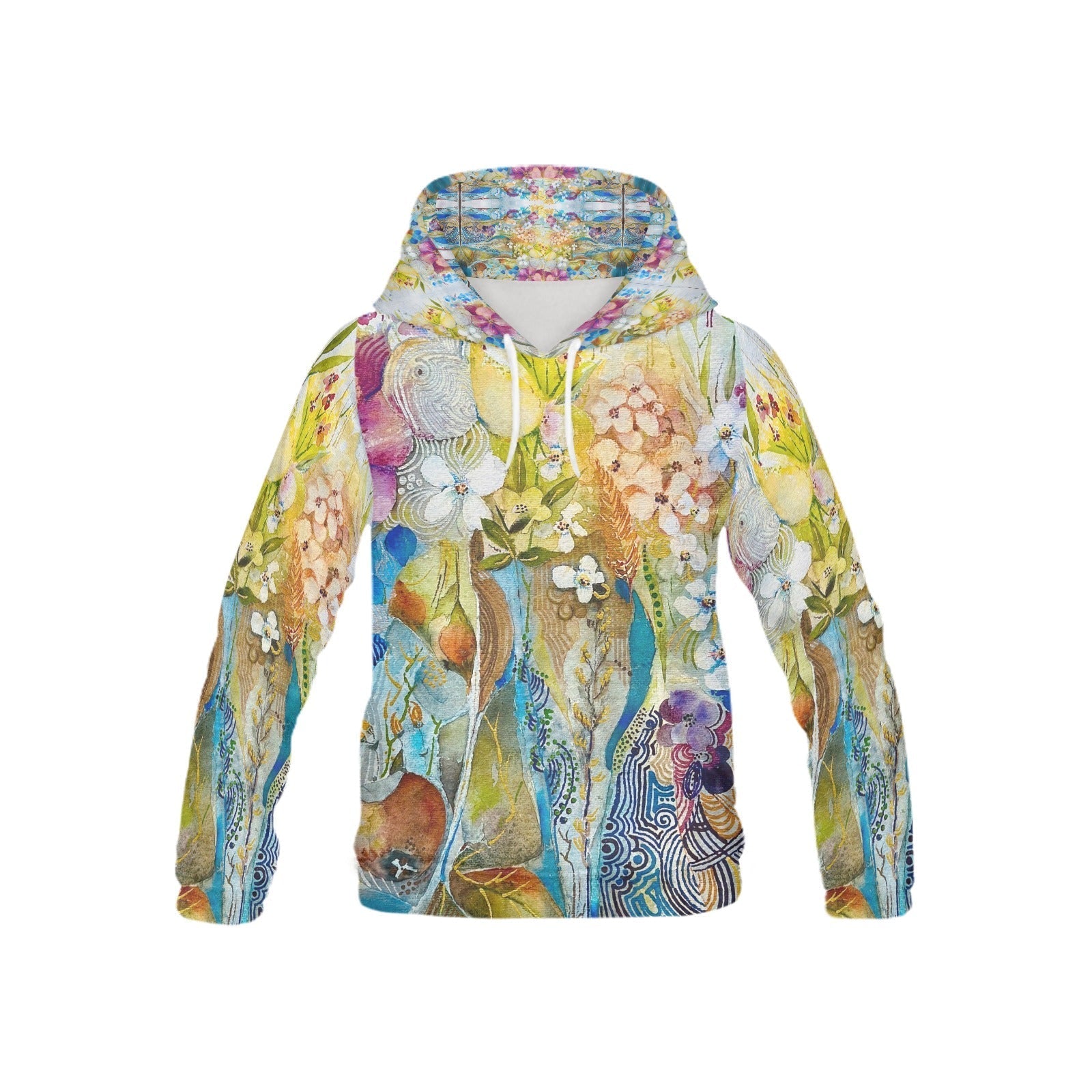 Kids hoodie with colorful floral and abstract art design, soft polyester blend, comfortable fit, and kangaroo pocket.