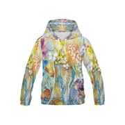 Kids hoodie with colorful floral and abstract art design, soft polyester blend, comfortable fit, and kangaroo pocket.
