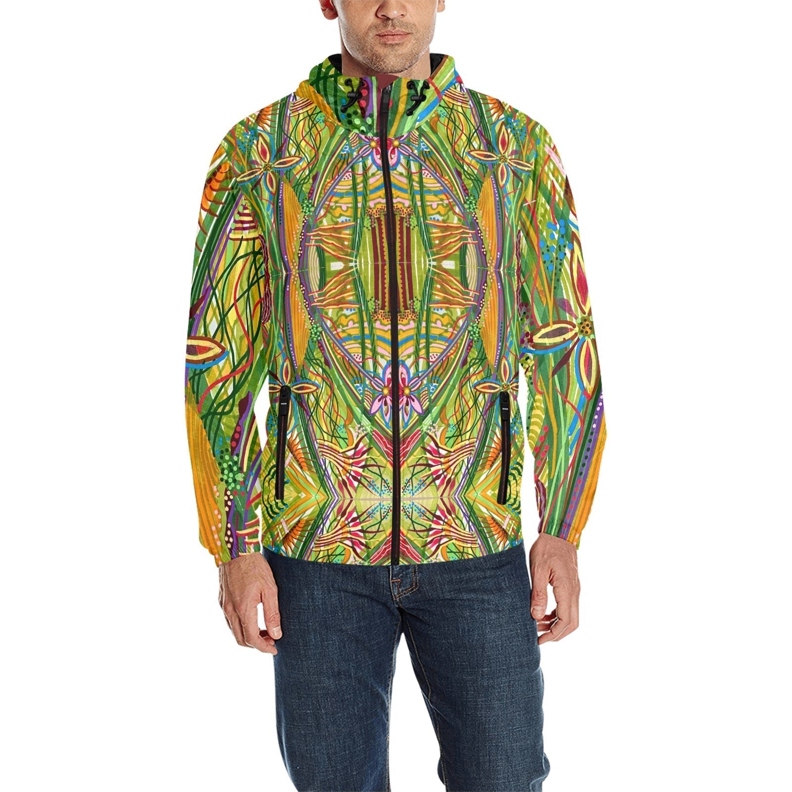 Man wearing a colorful Energy Quilted Unisex Windbreaker with a vibrant abstract pattern, zip front, and adjustable hood.