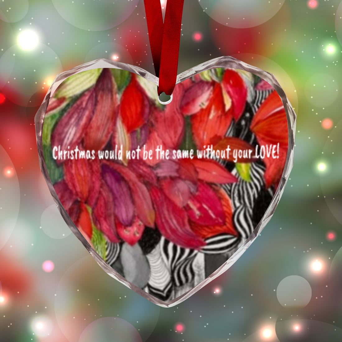 Red Amaryllis Customizable Christmas Ornament Heart-Shaped Crystal Glass Ornament