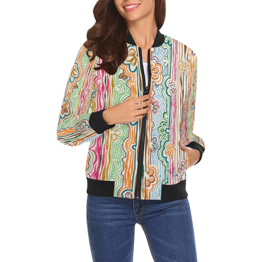 Spring Fever All Over Print Bomber Jacket for Women