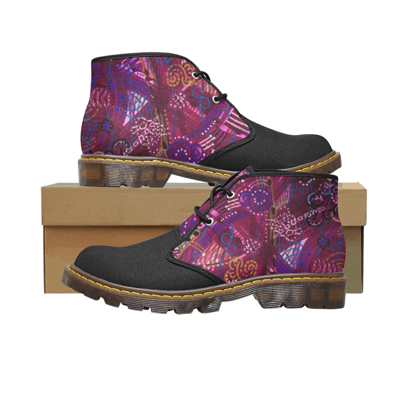 PurpleRain men's mid-top canvas boots with purple patterned uppers and black toe caps on a brown rubber sole