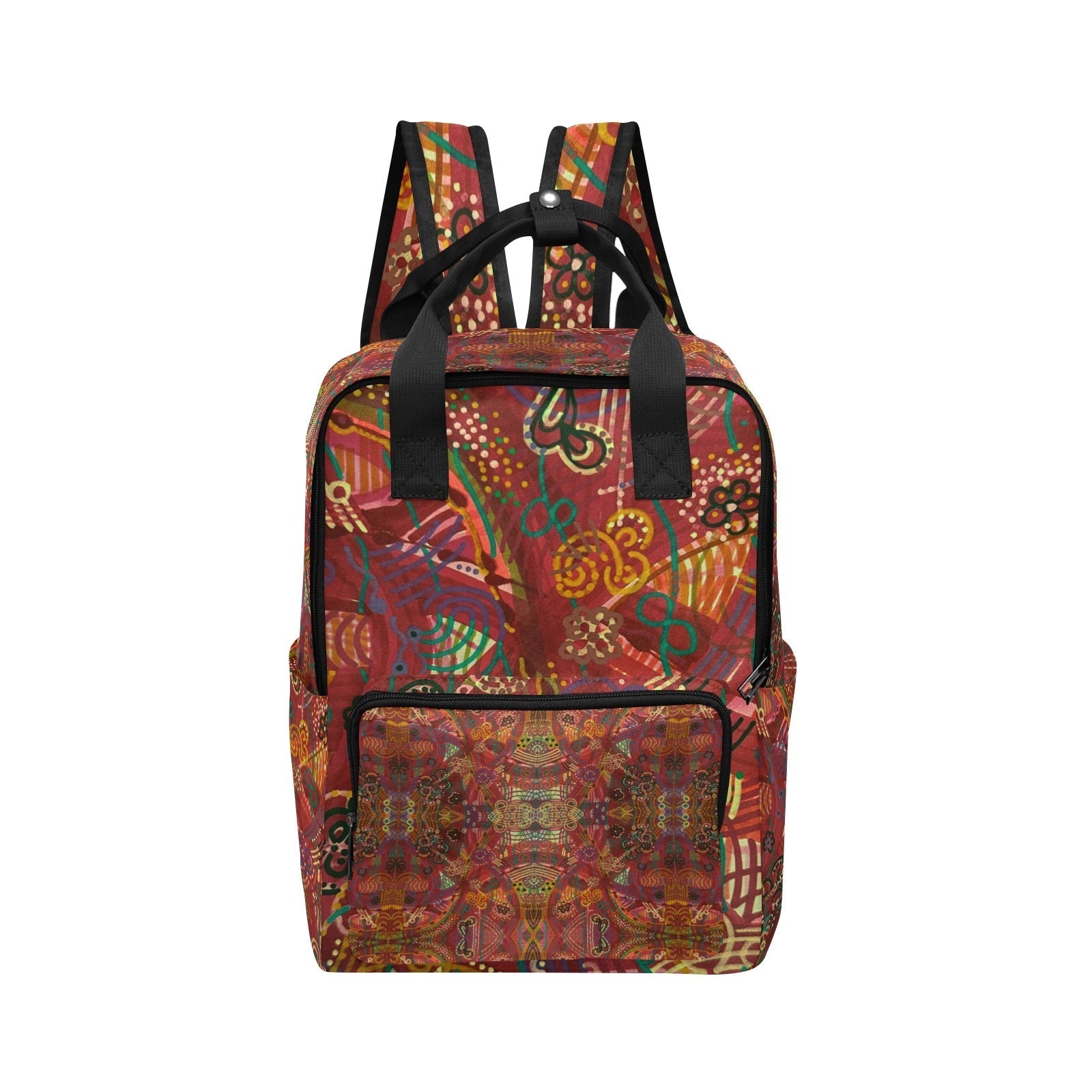 Red backpack with purple swirls and twin handles, durable nylon, adjustable padded straps, multiple pockets, and tablet sleeve