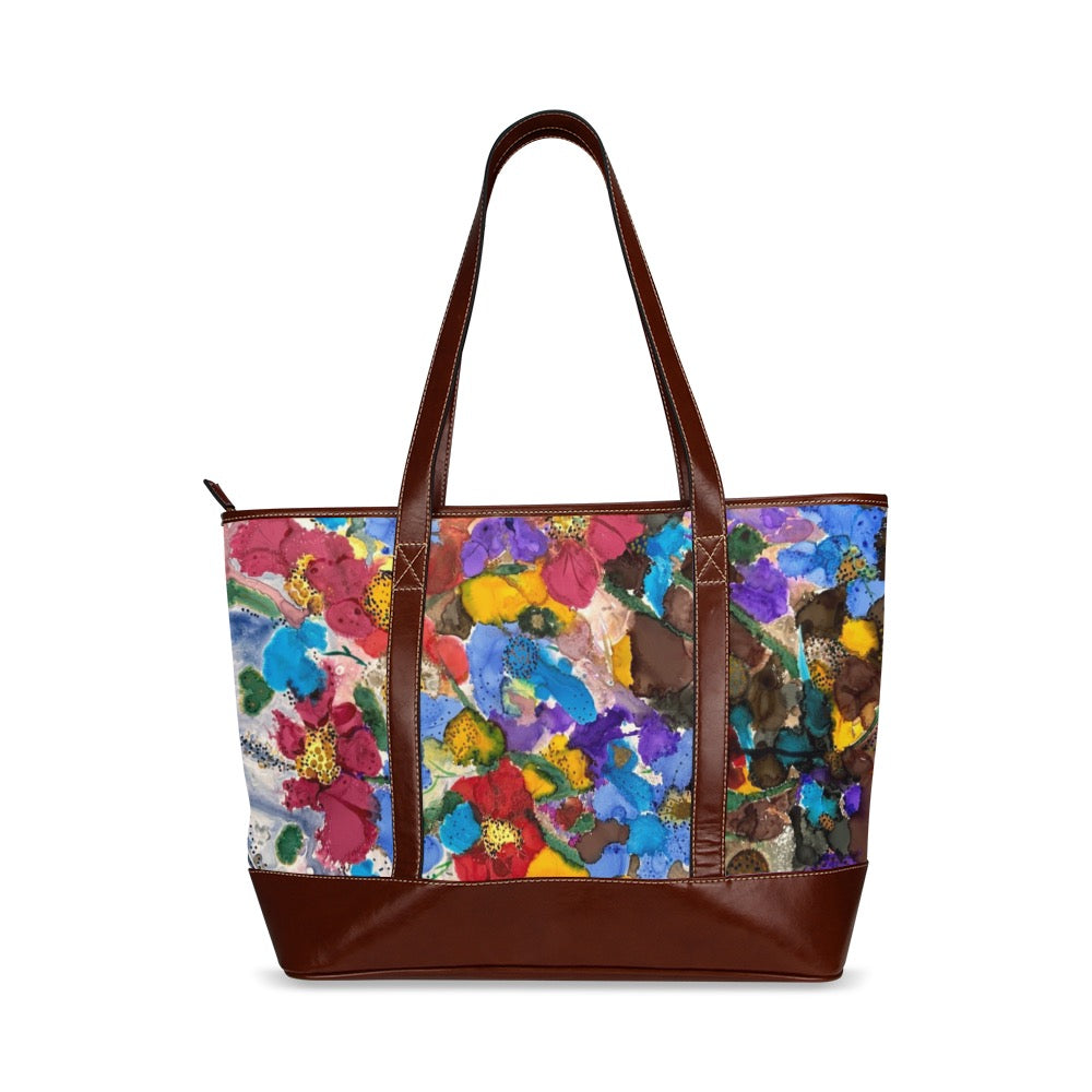 Fall Flowers by LanaArtSweden Tote Handbag with waterproof fabric, faux leather handles, and interior pockets.