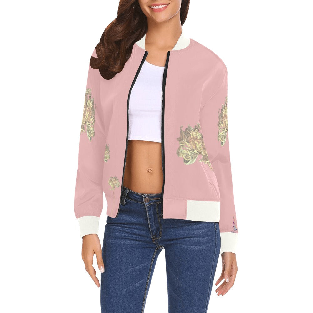 woman wearing pink shaggy tulip blush city bomber jacket with floral artwork and white ribbed collar and cuffs