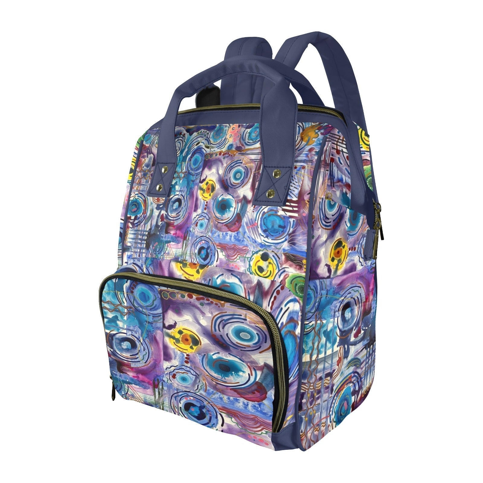 Circles on Water multifunction diaper backpack with colorful abstract circle patterns, spacious design, and durable nylon material.
