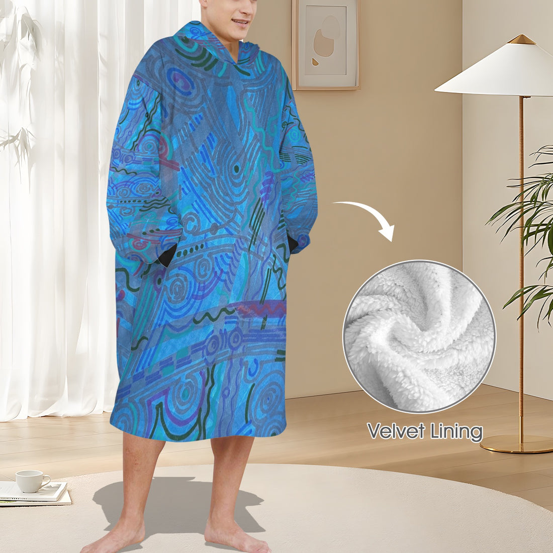 Blue Ice Blanket Hoodie for Men by LanaArtSweden, featuring lightweight fleece material, vibrant no-fade print, and cozy all-season design.