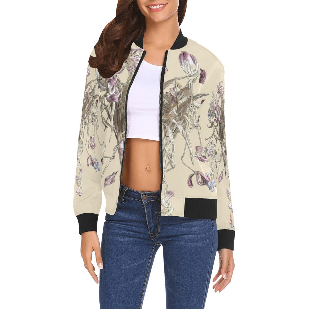 Women's Iris Field Almond Milk City Bomber Jacket with floral artwork and ribbed black collar, cuffs, and hem