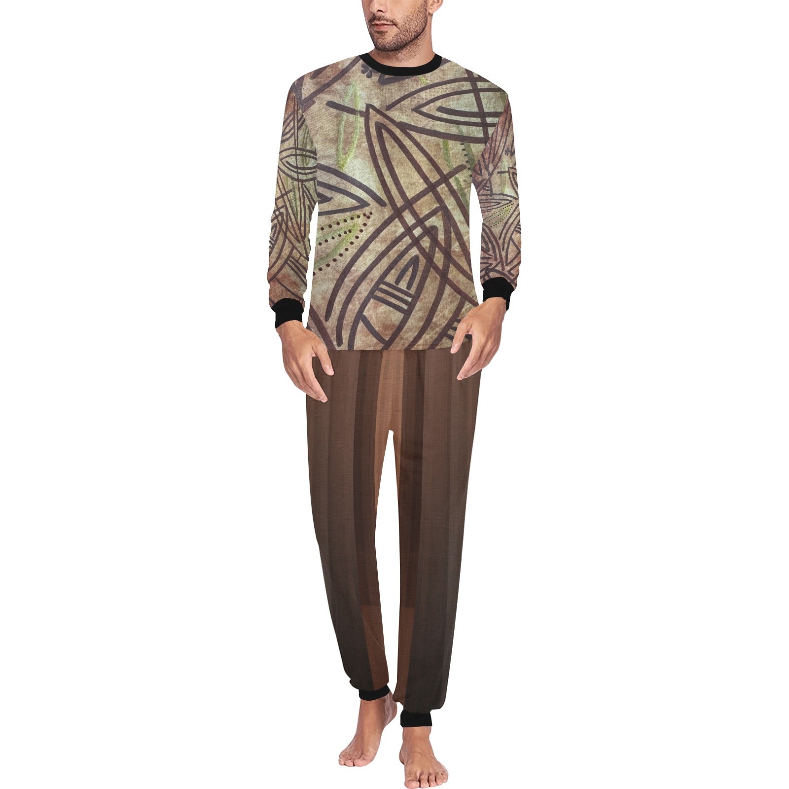 Brown Sophistication Men’s PJ Set featuring a long sleeve abstract patterned sweatshirt and solid brown relaxed-fit trousers with elastic waistband.
