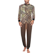 Brown Sophistication Men’s PJ Set featuring a long sleeve abstract patterned sweatshirt and solid brown relaxed-fit trousers with elastic waistband.