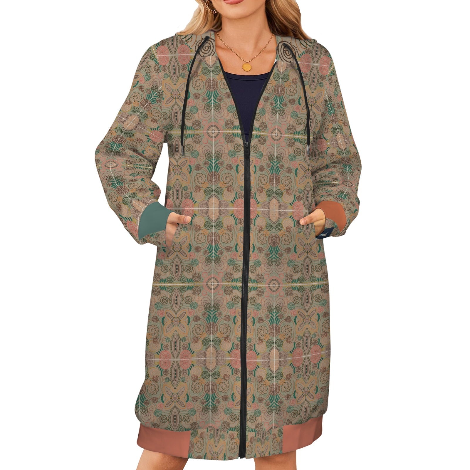 Venetian Blossom Burnt Orange women's long hooded jacket with artistic floral pattern and front pockets