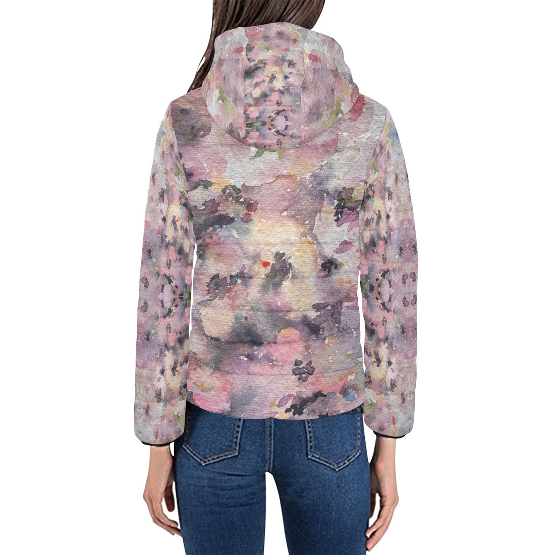 Blooming Lawn Women's Padded Hooded Puffer Jacket by LanaArtSweden, featuring original artwork, quilted lining, and cozy winter-ready design.