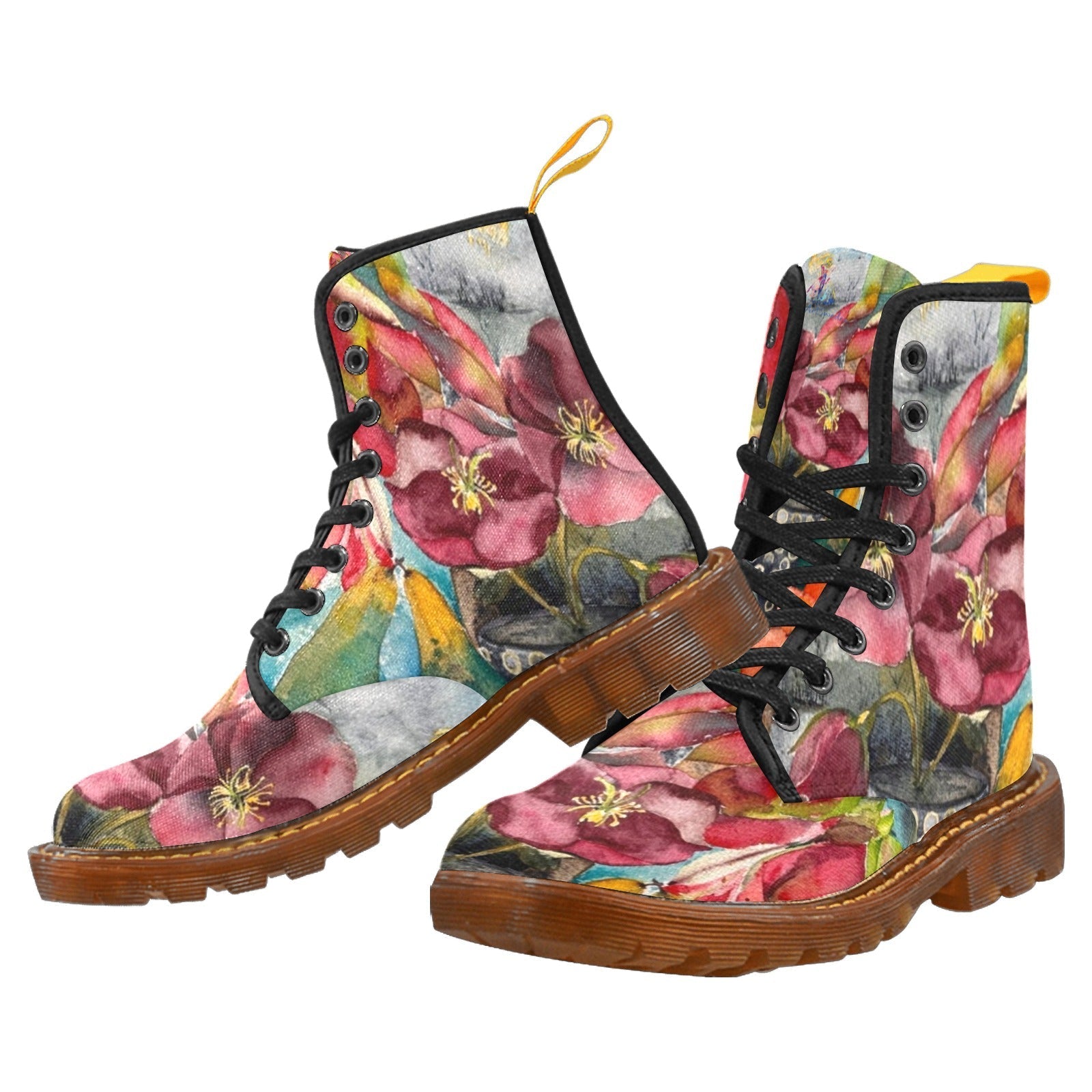 Women’s lace-up combat boots with upside down amaryllis floral design, nylon canvas, translucent rubber sole, and cushioned insole for comfort